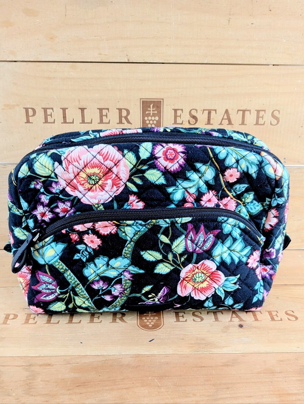 Vera Bradley Black Floral Quilted Cosmetic Pouch with Pink & Blue Blooms NWOT